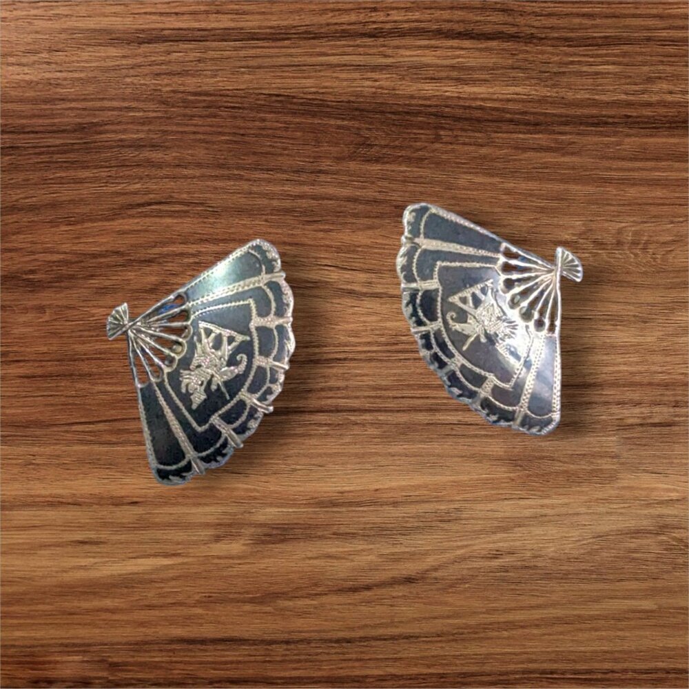 Sterling Silver 925 Vintage Siam Fan Clip Earrings 11 inch  mcm Asian‎